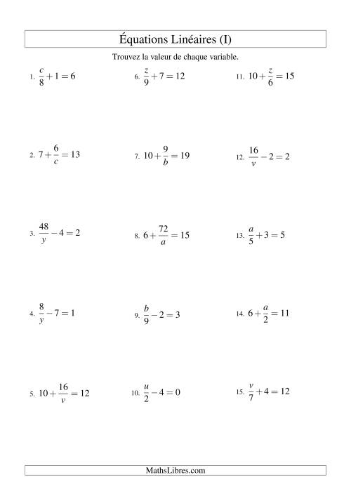 Résolution d'Équations Linéaires -- Forme x/a ± b = c (I)