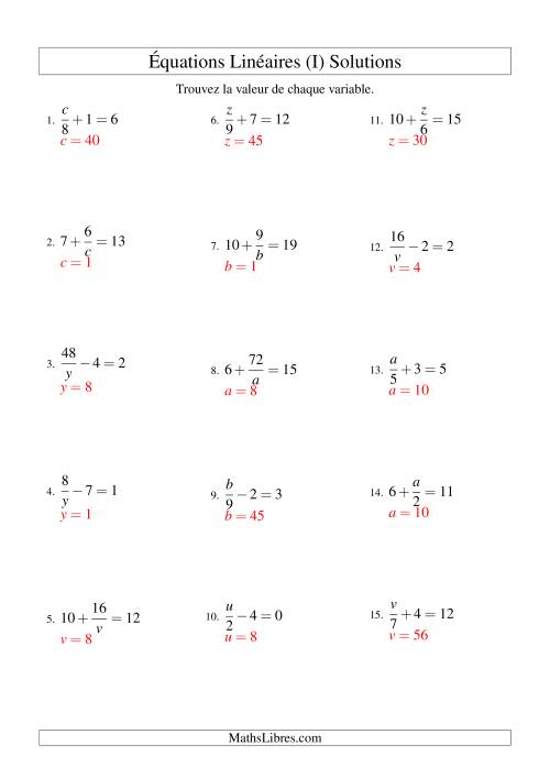 Résolution d'Équations Linéaires -- Forme x/a ± b = c (I) page 2