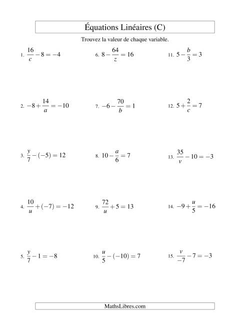 Résolution d'Équations Linéaires (Incluant Valeurs Négatives) -- Forme x/a ± b = c (C)