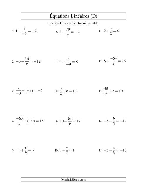 Résolution d'Équations Linéaires (Incluant Valeurs Négatives) -- Forme x/a ± b = c (D)