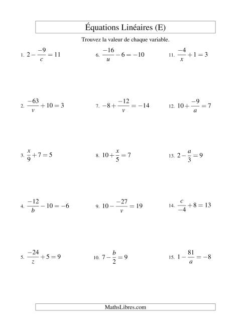 Résolution d'Équations Linéaires (Incluant Valeurs Négatives) -- Forme x/a ± b = c (E)
