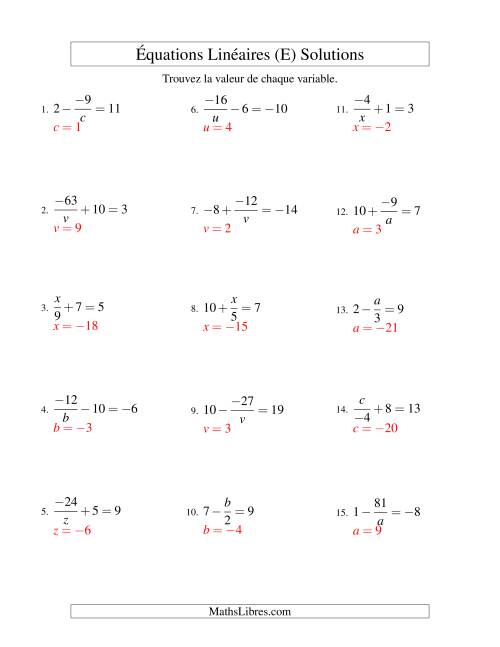 Résolution d'Équations Linéaires (Incluant Valeurs Négatives) -- Forme x/a ± b = c (E) page 2