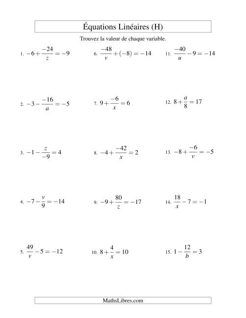 Résolution d'Équations Linéaires (Incluant Valeurs Négatives) -- Forme x/a ± b = c (H)