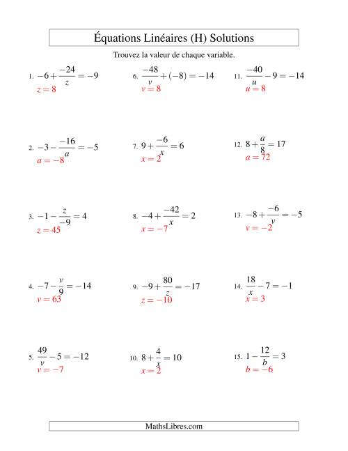 Résolution d'Équations Linéaires (Incluant Valeurs Négatives) -- Forme x/a ± b = c (H) page 2