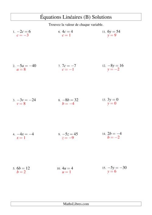 Résolution d'Équations Linéaires (Incluant Valeurs Négatives) -- Forme ax = c (B) page 2