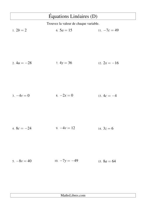 Résolution d'Équations Linéaires (Incluant Valeurs Négatives) -- Forme ax = c (D)
