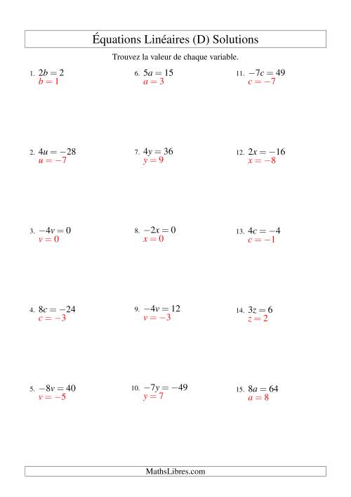 Résolution d'Équations Linéaires (Incluant Valeurs Négatives) -- Forme ax = c (D) page 2