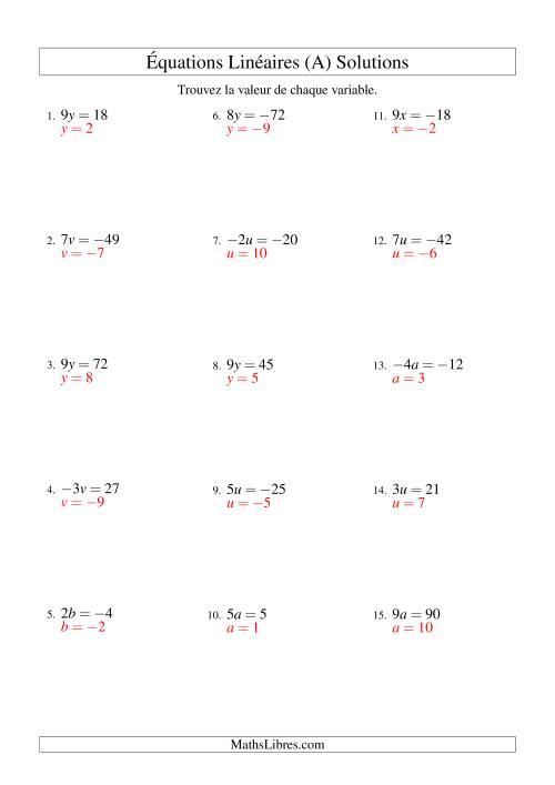 Résolution d'Équations Linéaires (Incluant Valeurs Négatives) -- Forme ax = c (Tout) page 2
