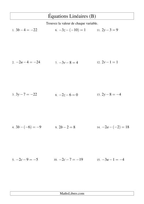 Résolution d'Équations Linéaires (Incluant Valeurs Négatives) -- Forme ax - b = c (B)