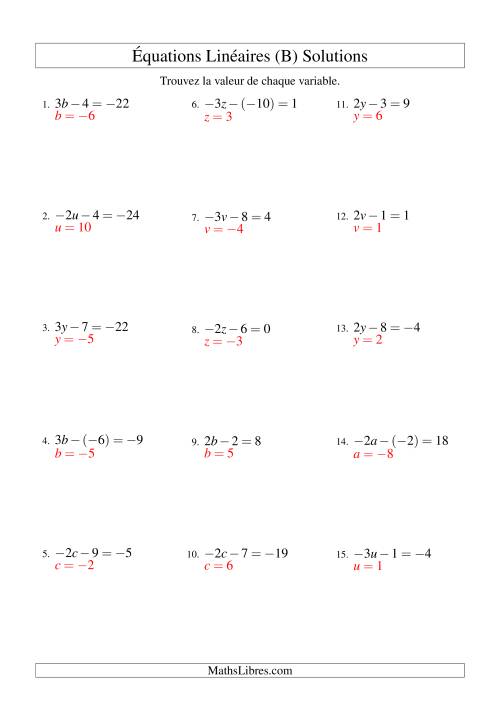 Résolution d'Équations Linéaires (Incluant Valeurs Négatives) -- Forme ax - b = c (B) page 2