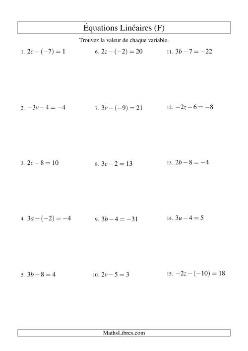 Résolution d'Équations Linéaires (Incluant Valeurs Négatives) -- Forme ax - b = c (F)