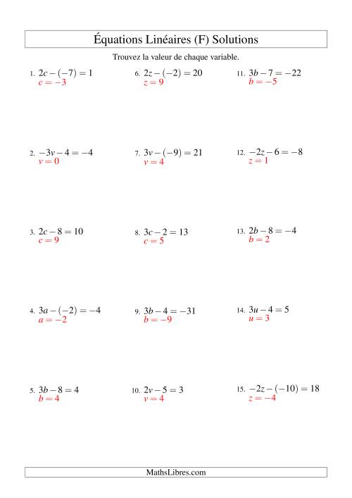 Résolution d'Équations Linéaires (Incluant Valeurs Négatives) -- Forme ax - b = c (F) page 2