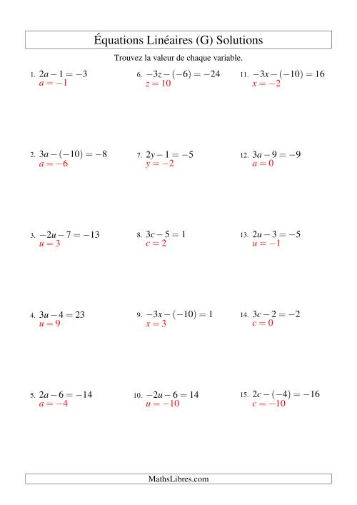 Résolution d'Équations Linéaires (Incluant Valeurs Négatives) -- Forme ax - b = c (G) page 2
