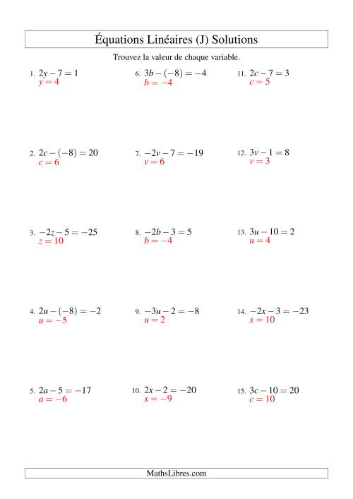 Résolution d'Équations Linéaires (Incluant Valeurs Négatives) -- Forme ax - b = c (J) page 2