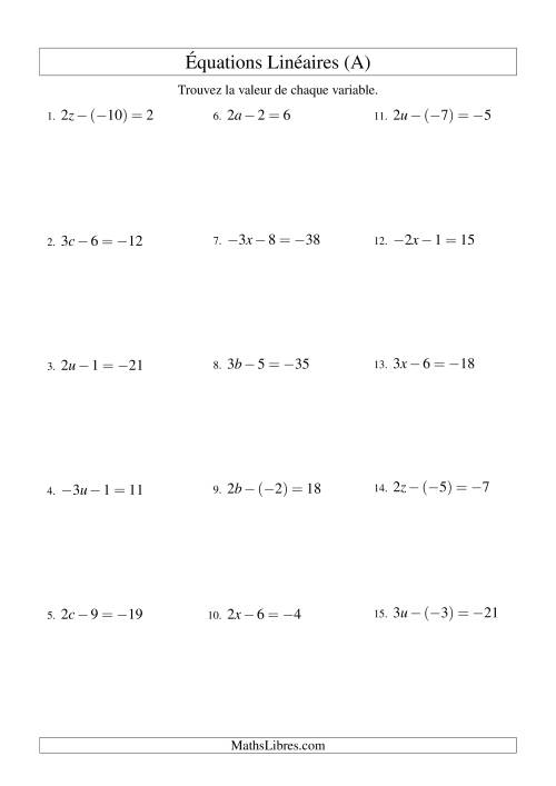 Résolution d'Équations Linéaires (Incluant Valeurs Négatives) -- Forme ax - b = c (Tout)