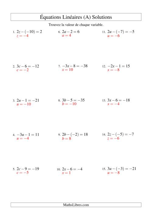 Résolution d'Équations Linéaires (Incluant Valeurs Négatives) -- Forme ax - b = c (Tout) page 2