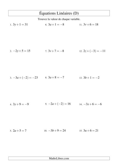 Résolution d'Équations Linéaires (Incluant Valeurs Négatives) -- Forme ax + b = c (D)