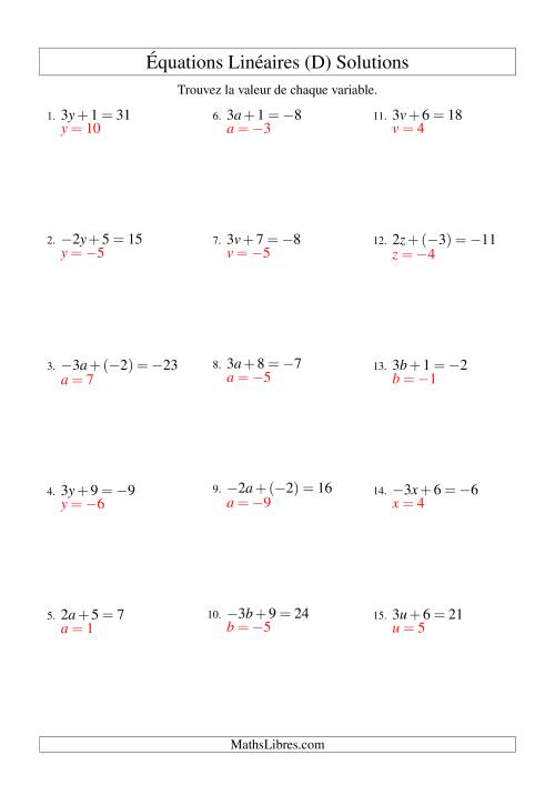 Résolution d'Équations Linéaires (Incluant Valeurs Négatives) -- Forme ax + b = c (D) page 2