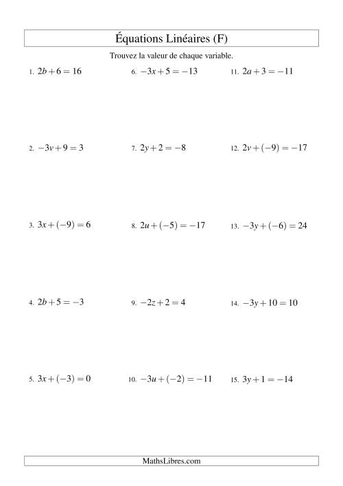 Résolution d'Équations Linéaires (Incluant Valeurs Négatives) -- Forme ax + b = c (F)