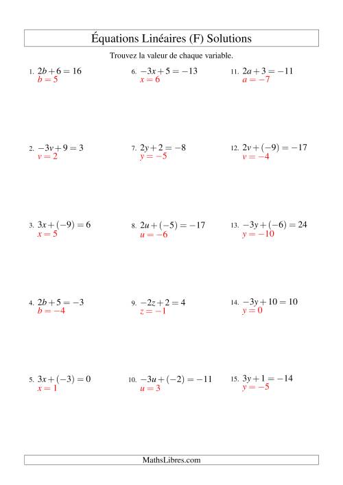Résolution d'Équations Linéaires (Incluant Valeurs Négatives) -- Forme ax + b = c (F) page 2