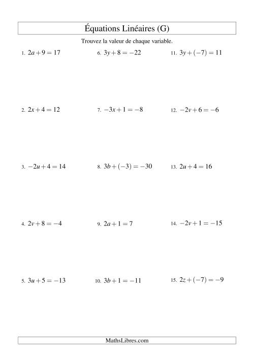 Résolution d'Équations Linéaires (Incluant Valeurs Négatives) -- Forme ax + b = c (G)