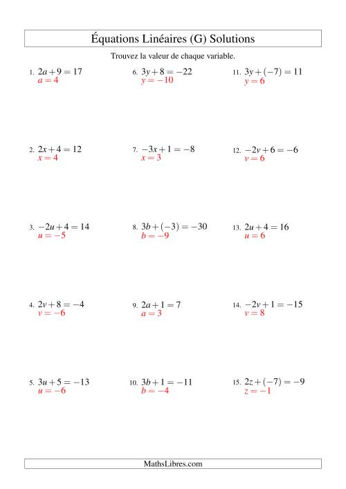 Résolution d'Équations Linéaires (Incluant Valeurs Négatives) -- Forme ax + b = c (G) page 2