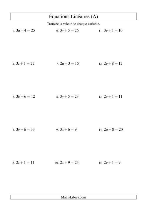Résolution d'Équations Linéaires -- Forme ax + b = c (Tout)