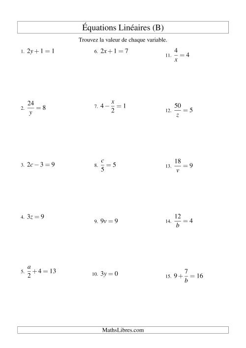 Résolution d'Équations Linéaires -- Forme ax + b = c Toutes Variations (B)
