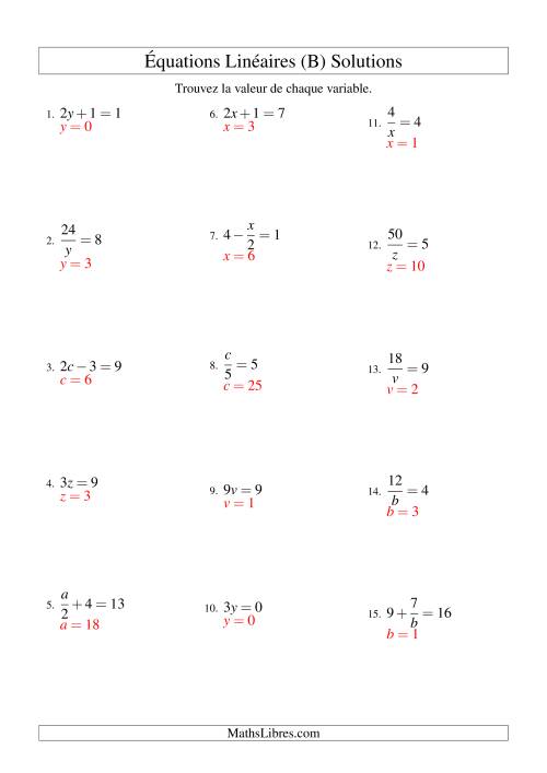 Résolution d'Équations Linéaires -- Forme ax + b = c Toutes Variations (B) page 2