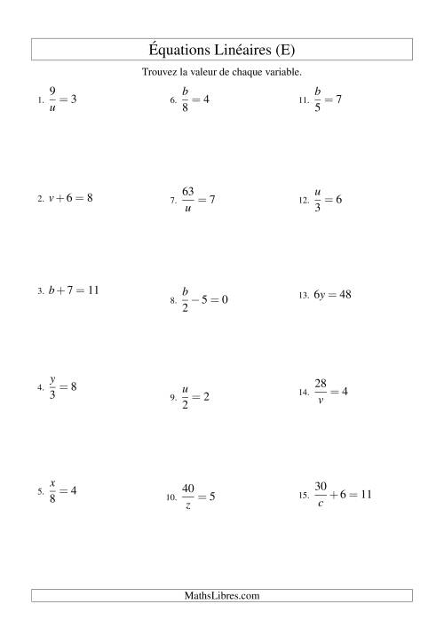 Résolution d'Équations Linéaires -- Forme ax + b = c Toutes Variations (E)