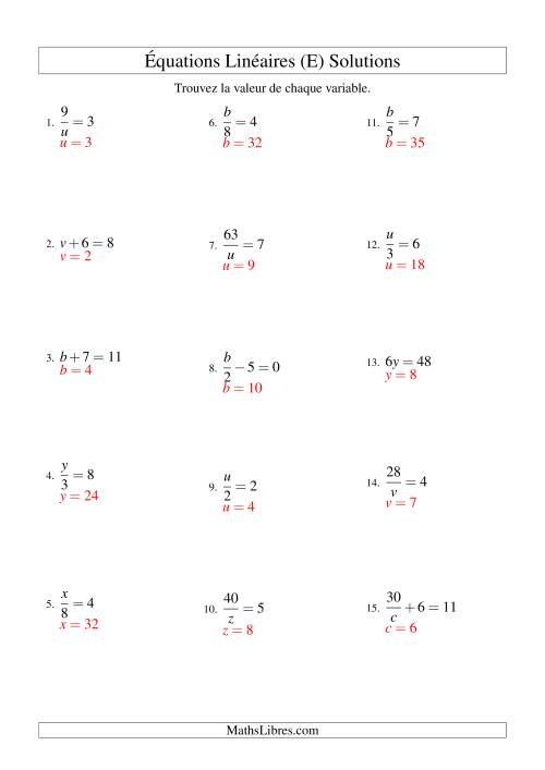 Résolution d'Équations Linéaires -- Forme ax + b = c Toutes Variations (E) page 2