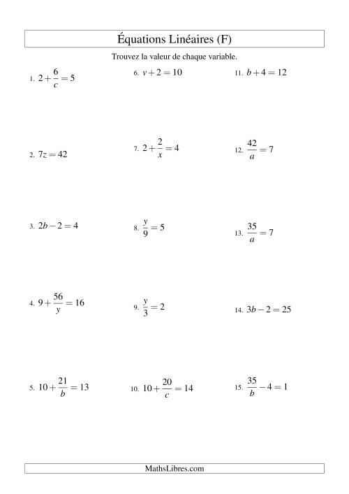 Résolution d'Équations Linéaires -- Forme ax + b = c Toutes Variations (F)