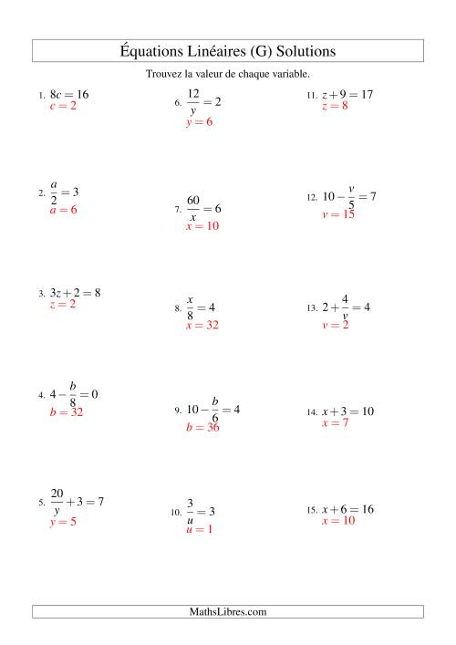 Résolution d'Équations Linéaires -- Forme ax + b = c Toutes Variations (G) page 2