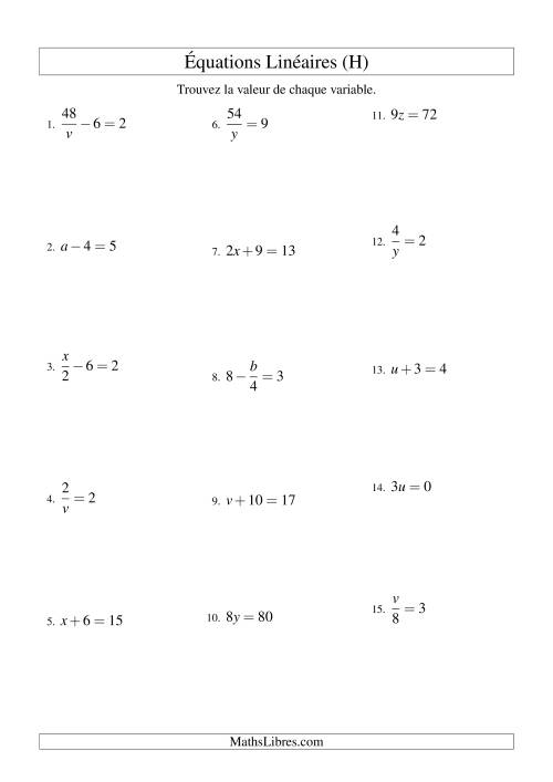 Résolution d'Équations Linéaires -- Forme ax + b = c Toutes Variations (H)