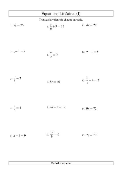 Résolution d'Équations Linéaires -- Forme ax + b = c Toutes Variations (I)