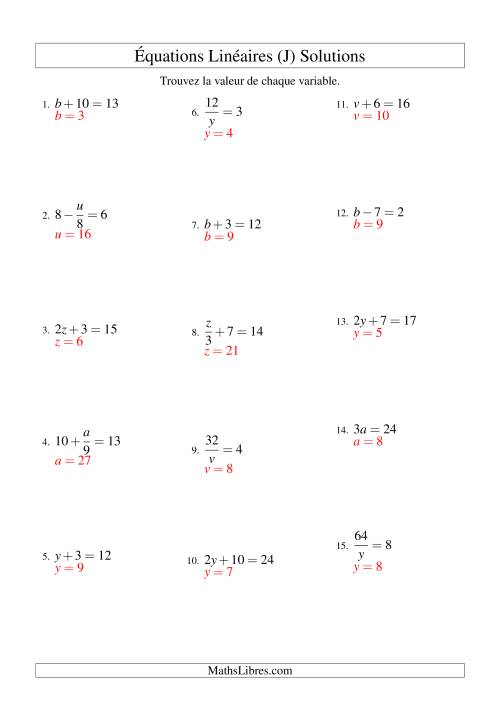 Résolution d'Équations Linéaires -- Forme ax + b = c Toutes Variations (J) page 2