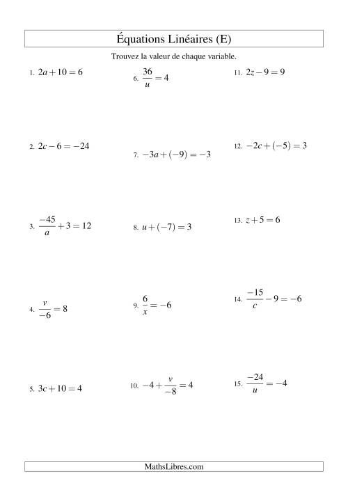 Résolution d'Équations Linéaires (Incluant Valeurs Négatives) -- Forme ax + b = c Toutes Variations (E)