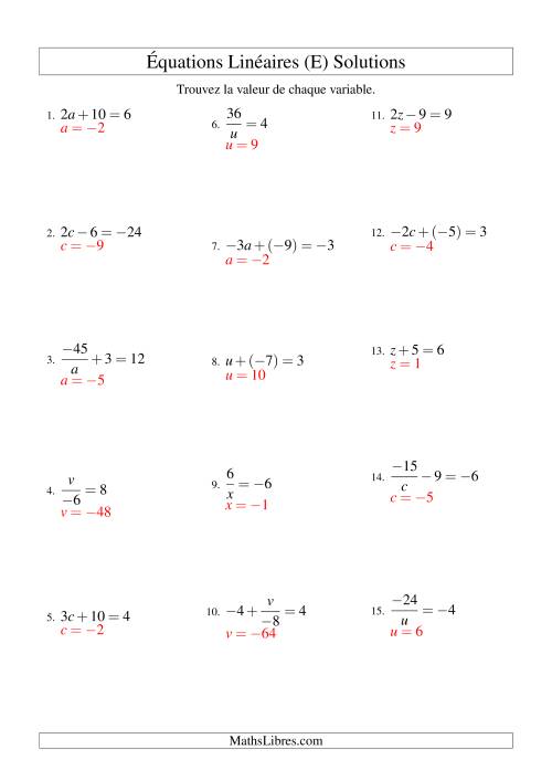 Résolution d'Équations Linéaires (Incluant Valeurs Négatives) -- Forme ax + b = c Toutes Variations (E) page 2