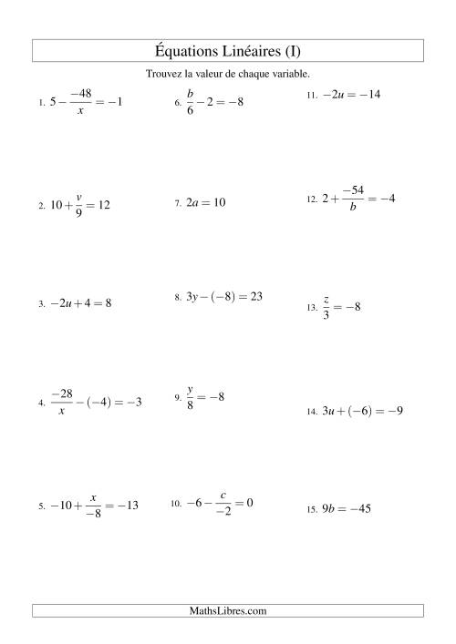 Résolution d'Équations Linéaires (Incluant Valeurs Négatives) -- Forme ax + b = c Toutes Variations (I)