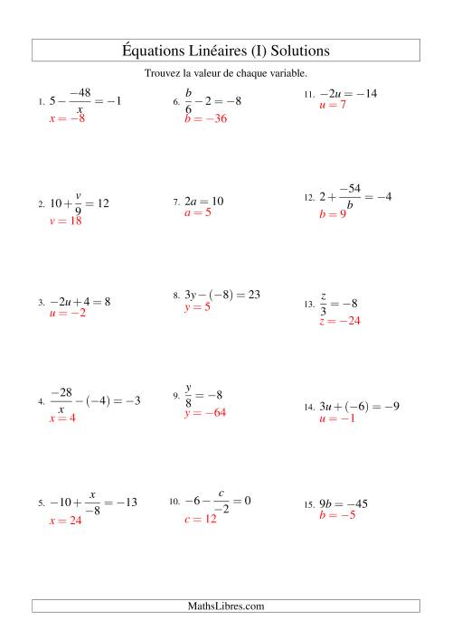 Résolution d'Équations Linéaires (Incluant Valeurs Négatives) -- Forme ax + b = c Toutes Variations (I) page 2