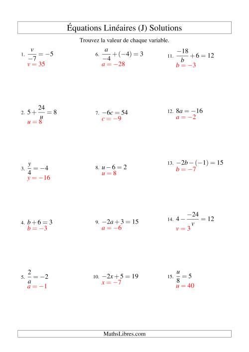 Résolution d'Équations Linéaires (Incluant Valeurs Négatives) -- Forme ax + b = c Toutes Variations (J) page 2