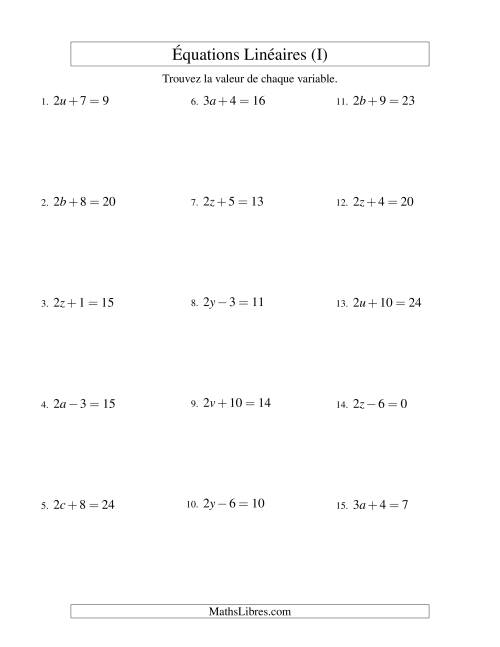 Résolution d'Équations Linéaires -- Forme ax ± b = c (I)