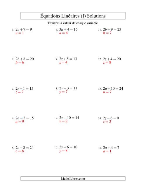 Résolution d'Équations Linéaires -- Forme ax ± b = c (I) page 2