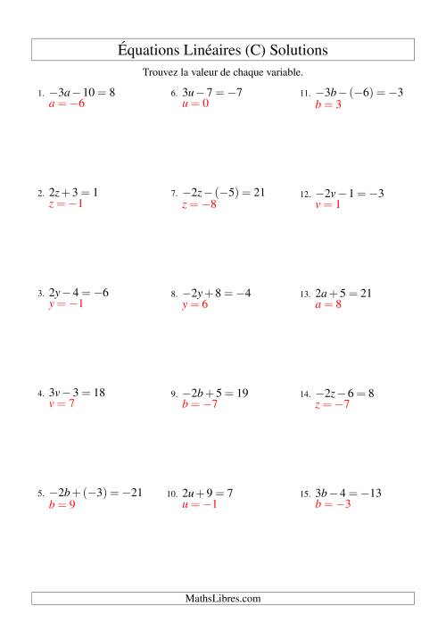 Résolution d'Équations Linéaires (Incluant Valuers Négatives) -- Forme ax ± b = c (C) page 2