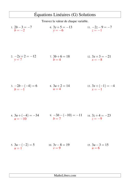 Résolution d'Équations Linéaires (Incluant Valuers Négatives) -- Forme ax ± b = c (G) page 2
