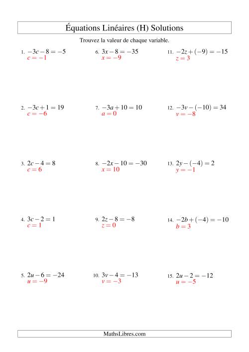 Résolution d'Équations Linéaires (Incluant Valuers Négatives) -- Forme ax ± b = c (H) page 2