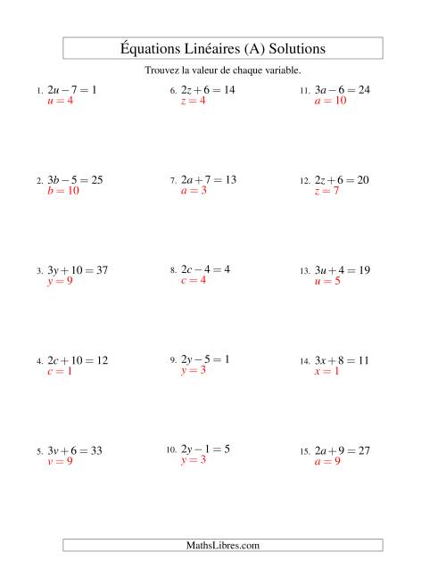 Résolution d'Équations Linéaires -- Forme ax ± b = c (Tout) page 2