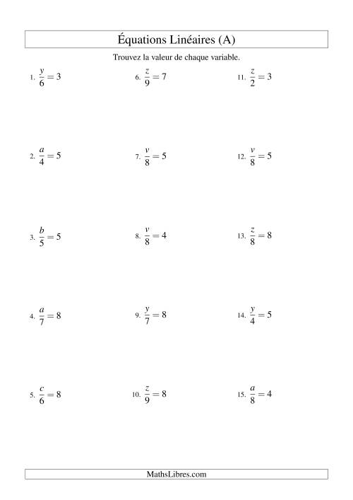 Résolution d'Équations Linéaires -- Forme x/a = c (A)