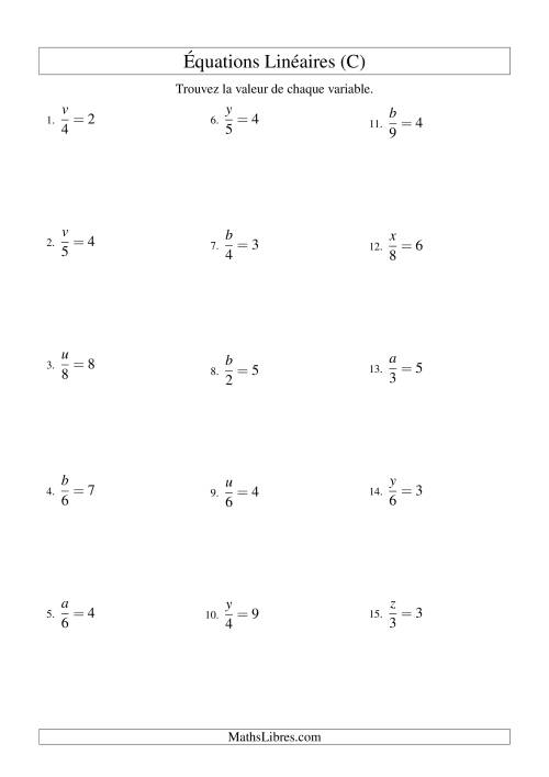 Résolution d'Équations Linéaires -- Forme x/a = c (C)