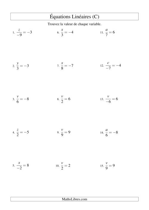 Résolution d'Équations Linéaires (Incluant Valeurs Négatives) -- Forme x/a = c (C)
